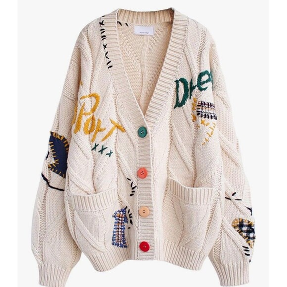 Cardigan Ivory Apric Chunky Knit Large   Embroidered Oversized Sweater Colorful - Picture 1 of 16